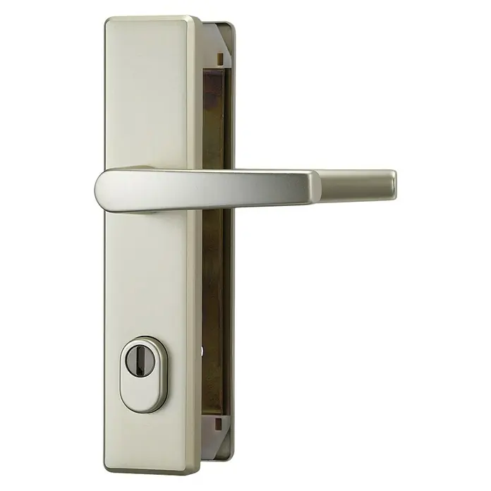 Abus Schutzbeschlag HLZS814 - Hauseingangstür, Neusilber, Drücker beidseitig, Stärke Tür: 52 mm - 72 mm - Eine moderne Türgarnitur in Silber mit einem Hebelgriff und einem Schlüsselloch. Ideal für moderne Wohndesigns.