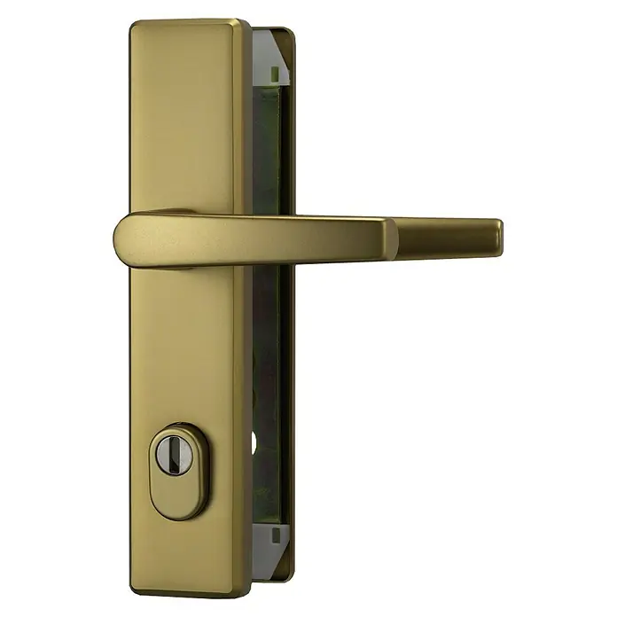 Abus Schutzbeschlag HLZS814 - Hauseingangstür, Bronze, Drücker beidseitig, Stärke Tür: 52 mm - 72 mm - Nahaufnahme einer eleganten, goldenen Türgarnitur mit Griff und Schloss, ideal für moderne Inneneinrichtungen.