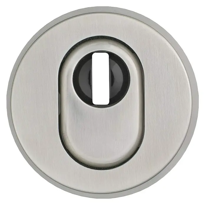 Abus Sicherheitsrosette RHZS 415 - Holztür, Edelstahl, Stärke Schild/ Rosette: 15 mm - Nahaufnahme einer Türrosette aus Edelstahl mit Schlüsselloch. Das moderne Design passt zu verschiedenen Türstilen.