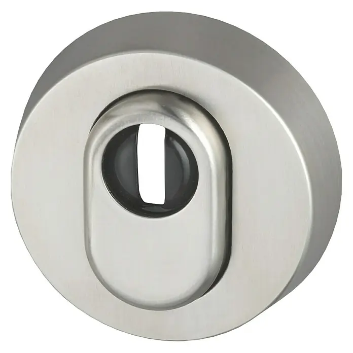Abus Sicherheitsrosette RHZS 415 - Holztür, Edelstahl, Stärke Schild/ Rosette: 15 mm - Nahaufnahme eines silbernen Türschlosses, das die Details und die Verarbeitung des Produkts hervorhebt.