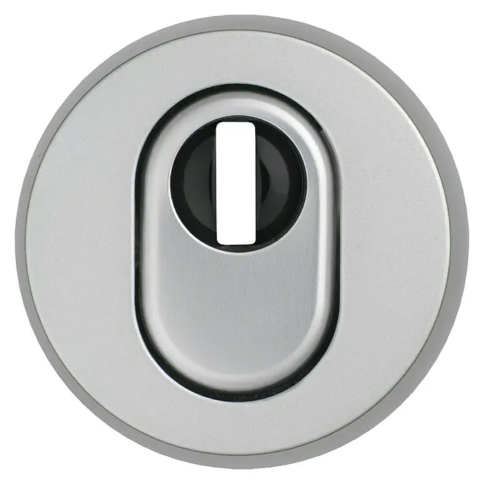 Abus Sicherheitsrosette RHZS 415 - Holztür, Aluminium, Stärke Schild/ Rosette: 15 mm - Nahaufnahme eines Türschlosses mit einem zylindrischen Design in Silber und Schwarz. Ideal für moderne Sicherheitssysteme.