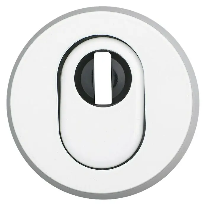 Abus Sicherheitsrosette RHZS 415 - Holztür, Weiß, Stärke Schild/ Rosette: 15 mm - Nahaufnahme eines modernen WC-Türschlosses mit Drehknopf in Weiß und Silber, das ein elegantes und funktionales Design aufweist.