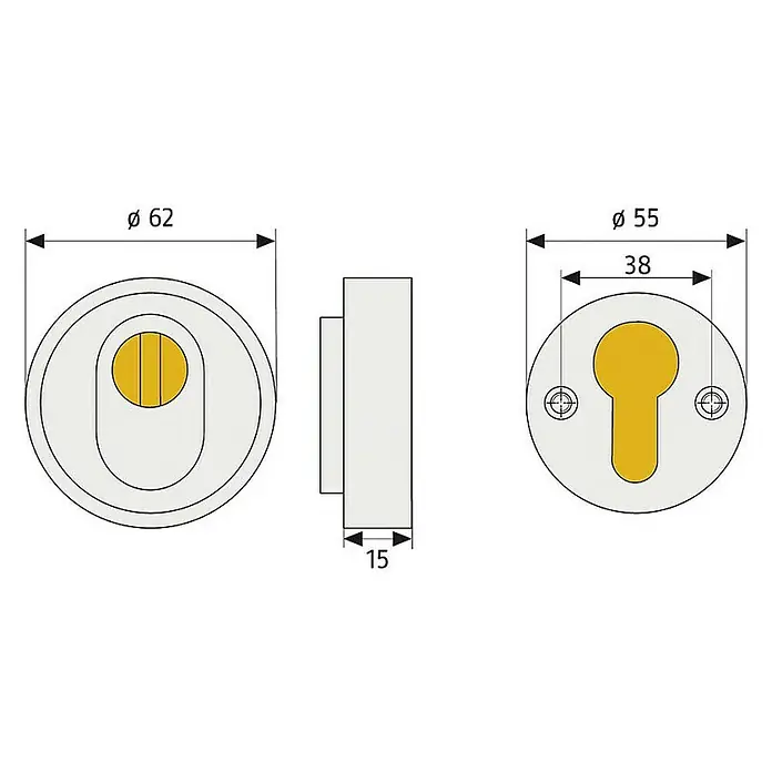 Abus Sicherheitsrosette RHZS 415 - Holztür, Weiß, Stärke Schild/ Rosette: 15 mm - Schematische Darstellung eines Türschlosses mit Abmessungen. Es zeigt die runde Bauform mit Schlüsselöffnung und Befestigungslöchern.