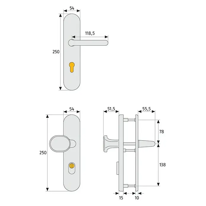 Abus Schutzbeschlag HLZS814 - Hauseingangstür, Aluminium, Knopf außen, Drücker innen, Form Schild: Abgerundet, Stärke Tür: 52 mm - 72 mm - Abbildung einer Türgarnitur mit Maßen, die die Abmessungen der verschiedenen Komponenten zeigen.