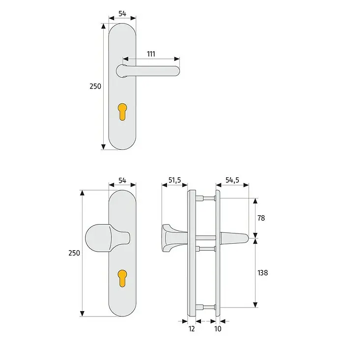 Abus Schutzbeschlag KLT512 - Feuerschutztür, Aluminium, Drücker beidseitig, Stärke Tür: 37 mm - 47 mm - Abbildung eines Türdrückers mit Langschild und Maßen zur Produktbeschreibung.