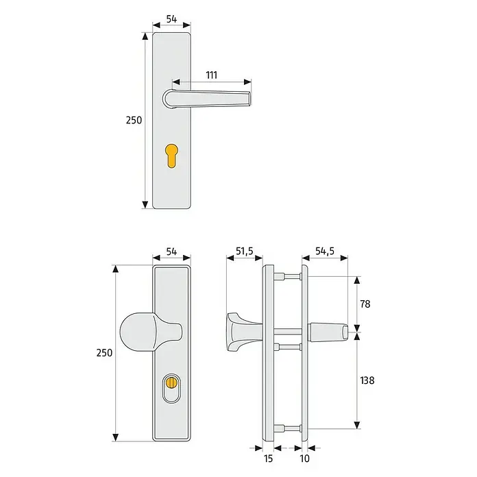 Abus Schutzbeschlag KLSZ 714 - Wohnungsabschlusstür, Neusilber, Drücker beidseitig - Produktansicht mit Abmessungen: Türdrücker-Garnitur, klassisches Design, für Innentüren, Abmessungen in Millimeter angegeben.