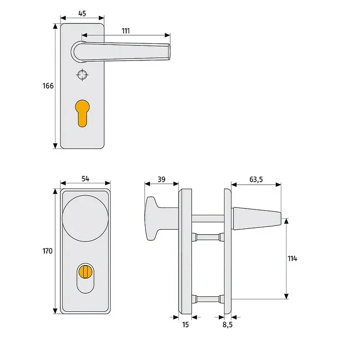 Abus Schutz-Wechselgarnitur KKZS700 - Stärke Tür: 37 mm - 47 mm, Metall, Bronze, Knopf außen, Drücker innen - Abbildung einer Türklinke mit Maßangaben, die die Abmessungen und Details des Produkts hervorheben.