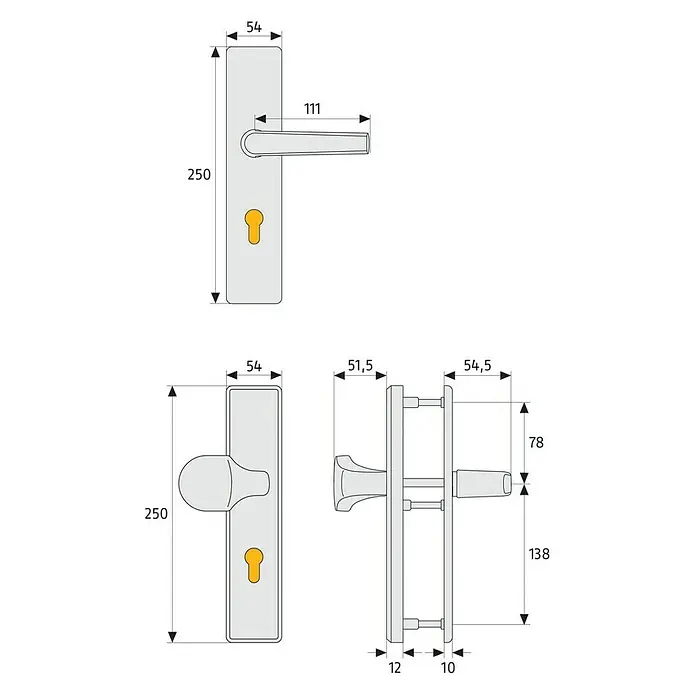 Abus Schutzbeschlag KLT512 - Wohnungsabschlusstür, Bronze, Knopf außen, Drücker innen, Stärke Tür: 37 mm - 47 mm - Technische Zeichnung eines Türgriffs mit allen Maßen. Gesamtlänge 250 mm und Griffausladung 111 mm.