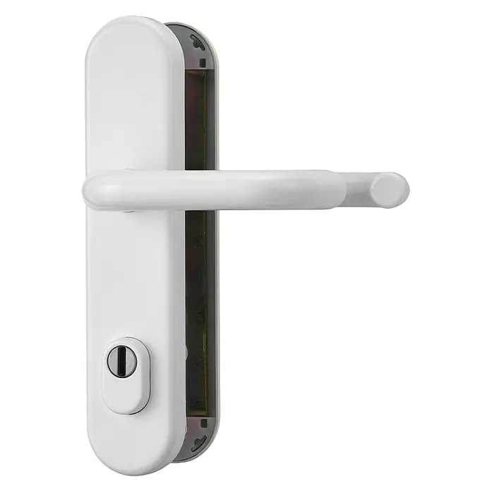 Abus Schutzbeschlag HLZS814 - Hauseingangstür, Weiß, Drücker beidseitig, Form Schild: Abgerundet, Stärke Tür: 52 mm - 72 mm - Weißer Türgriff mit Langschild und Zylinderlochstanzung. Ideal für moderne Innentüren, sorgt für einen frischen Look.