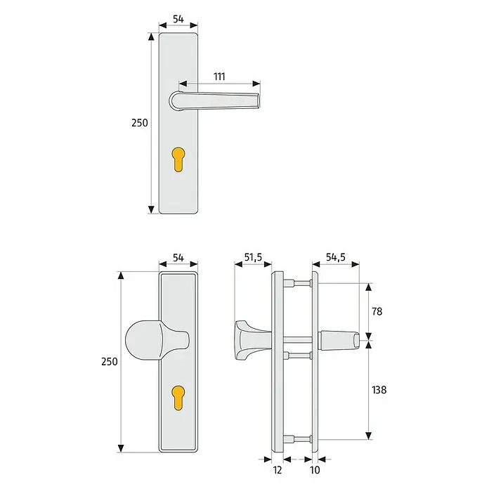 Abus Schutzbeschlag KLT512 - Wohnungsabschlusstür, Aluminium, Knopf außen, Drücker innen, Stärke Tür: 37 mm - 47 mm - Abbildung einer Türklinke mit Maßen für Montage und Design, dargestellt in einer technischen Zeichnung.