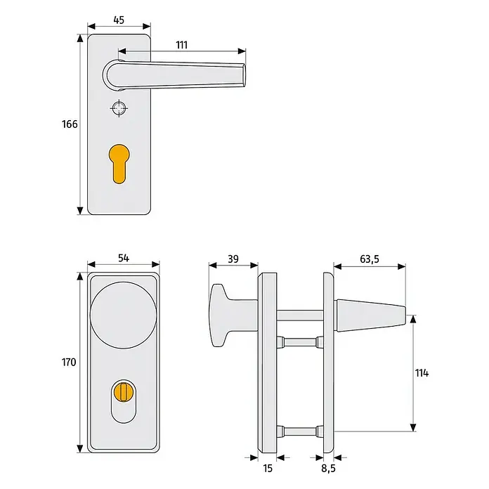 Abus Schutzbeschlag KKZS700 - Einsatzbereich: Feuerschutztür, Aluminium, Stärke Tür: 37 mm - 47 mm, Knopf außen, Drücker innen - Abbildung eines Türbeschlags mit Griff, Rosette und den entsprechenden Maßen.