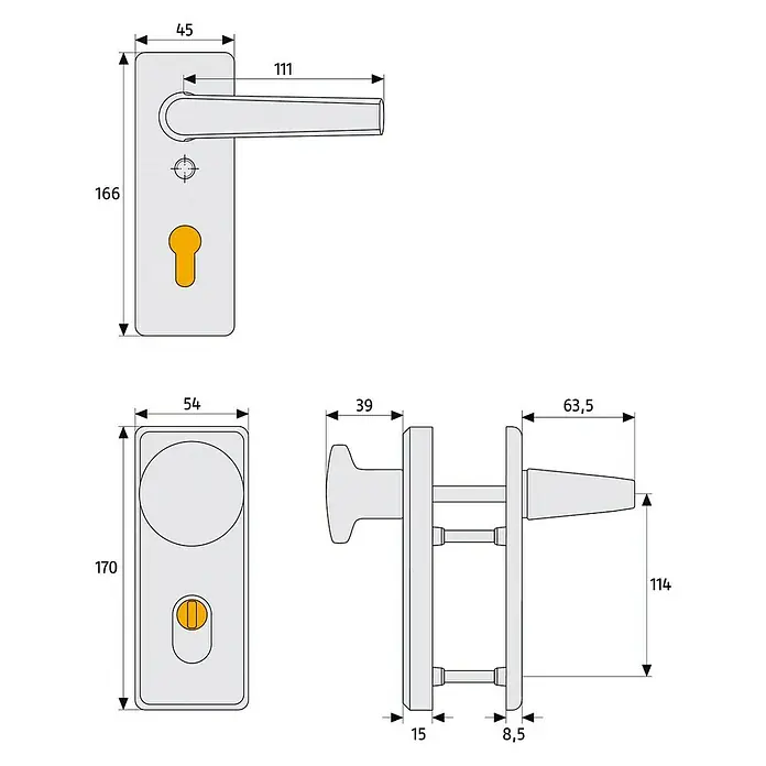 Abus Schutzbeschlag KKZS700 - Einsatzbereich: Feuerschutztür, Aluminium, Stärke Tür: 37 mm - 47 mm, Drücker beidseitig - Technische Zeichnung eines Türdrückers mit Rosette und den dazugehörigen Maßen für die Montage und Installation.