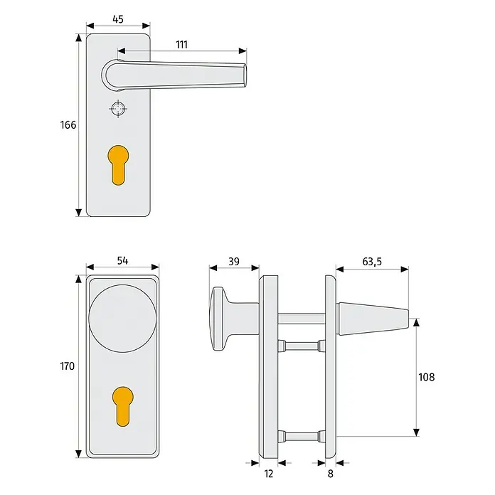 Abus Schutzbeschlag KKT512 - Wohnungsabschlusstür, Silber F1, Drücker beidseitig, Stärke Tür: 37 mm - 47 mm - Abbildung einer Türgarnitur mit Maßen, bestehend aus einem Türdrücker und einem Türknauf. Die Maße sind in Millimetern angegeben.