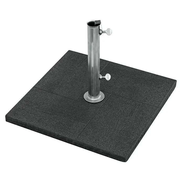 Schirmständer - L x B: 50 x 50 cm - Ein quadratischer, schwarzer Schirmständer mit einer silbernen Halterung in der Mitte. Ideal für Sonnenschirme im Außenbereich.