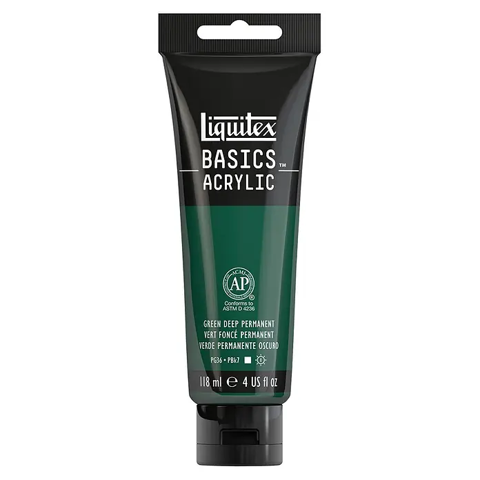 Liquitex Basics Acrylfarbe - Permanentgrün dunkel, 118 ml - Eine Tube Liquitex Basics Acrylfarbe in der Farbe Grün Tief Permanent, ideal für Künstler und Bastler, die Wert auf Qualität legen.