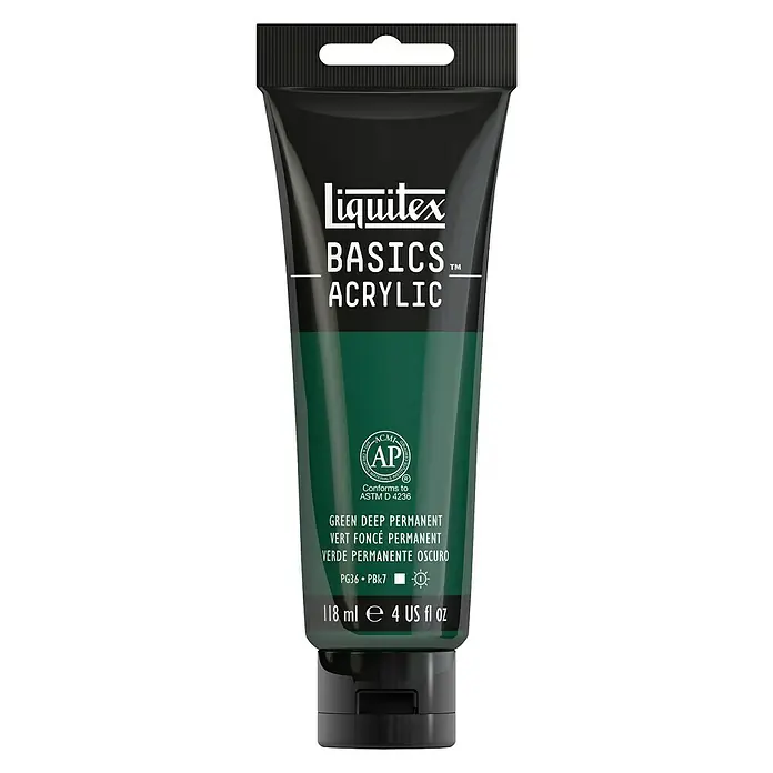 Liquitex Basics Acrylfarbe - Permanentgrün dunkel, 118 ml - Eine Tube Liquitex Basics Acrylfarbe in der Farbe Grün Tief Permanent, ideal für Künstler und Bastler, die Wert auf Qualität legen.