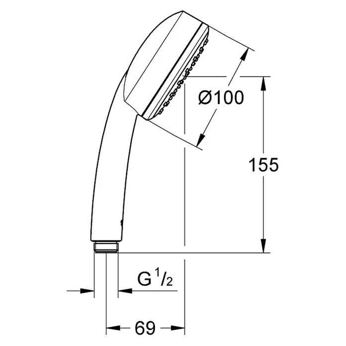Grohe Tempesta Cosmopolitan 100 Handbrause - Anzahl Funktionen: 2 Stk., 5,7 l/min, Chrom - Abbildung eines Duschkopfs mit Maßangaben für Durchmesser (Ø100), Höhe (155) und Anschluss (G 1/2), sowie einer Tiefe von 69 mm.
