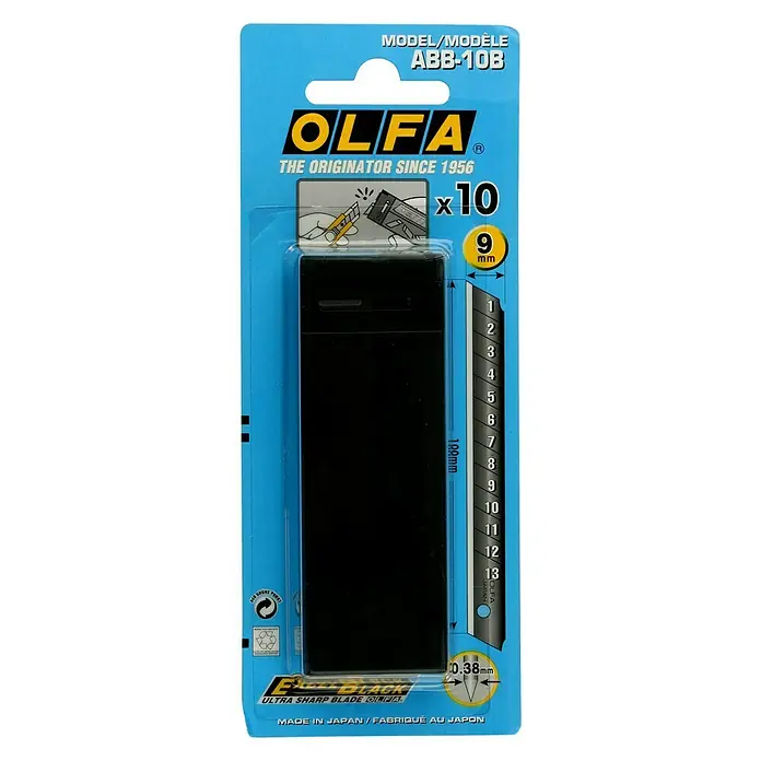Olfa Abbrechklinge ABB - Klingenbreite: 9 mm, 10 Stk. - OLFA ABB-10B: 10 Stück ultrascharfe OLFA-Klingen in Schwarz, hergestellt in Japan. Ideal für präzise Schnitte und vielseitige Anwendungen.