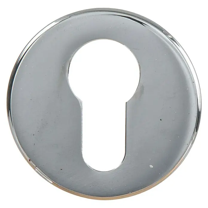 Escudo para cerraduras con bocallave 4018 - Diámetro roseta: 50 mm, Cromo - Primer plano de una placa redonda plateada con un ojo de cerradura en el centro.