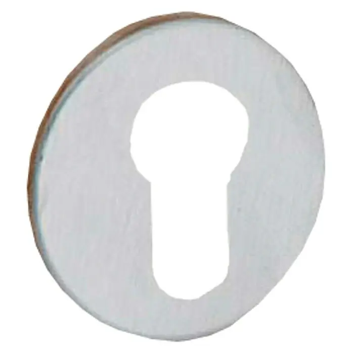 Escudo para cerraduras con bocallave 8310 - Diámetro roseta: 54 mm, Acero inoxidable - Primer plano de una bocallave plateada con un ojo de cerradura en el centro, utilizado comúnmente para herrajes de puertas.