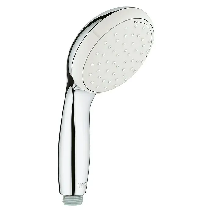Grohe Tempesta 100 Handbrause - Anzahl Funktionen: 2 Stk., 9,5 l/min, Chrom - Nahaufnahme eines Grohe Euphoria 110 Massage-Handbrausekopfes mit verchromtem Griff und weißem Brausekopf.