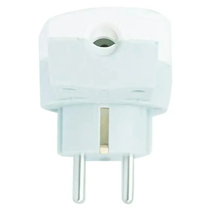 Legrand Clavija con enchufe 2 P+TT - Blanco, PVC, IP20 - Primer plano de un enchufe Euro. El enchufe Euro es blanco y tiene dos clavijas redondas y un clip de puesta a tierra.