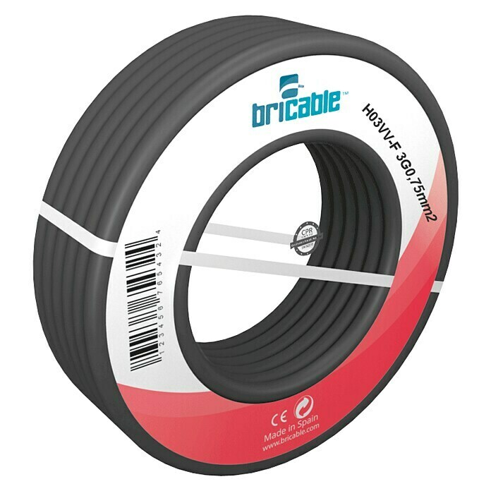 Bricable Cable eléctrico H03VV-F3G0,75 (H03VV-F3G0,75, 10 m, Negro)