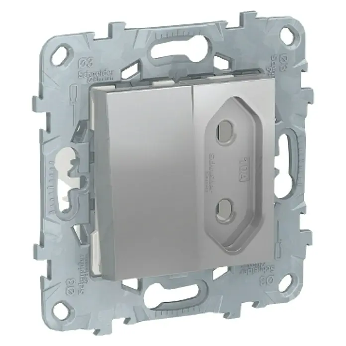 Schneider Electric New Unica Enchufe con cruzamiento - Aluminio, Plástico, Instalar - Primer plano de un interruptor de luz Schneider Electric, que muestra una solución robusta y confiable para las necesidades de control de iluminación.