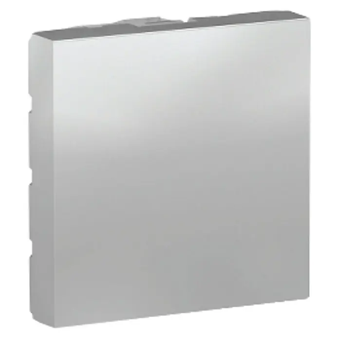 Schneider Electric New Unica Tapa para mecanismo - Aluminio, Plástico, Colocar - Una cubierta rectangular de color plateado con muescas en el lado izquierdo, ideal para proteger las conexiones eléctricas.
