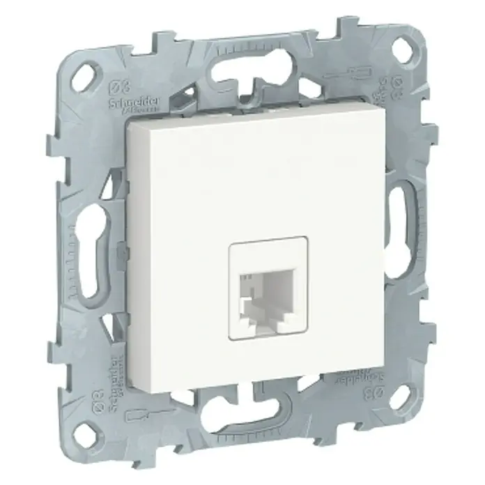 Schneider Electric New Unica Toma de teléfono - Blanco polar - Primer plano de una toma de red Schneider Electric con soporte de marco gris e inserción blanca para conexiones Ethernet.