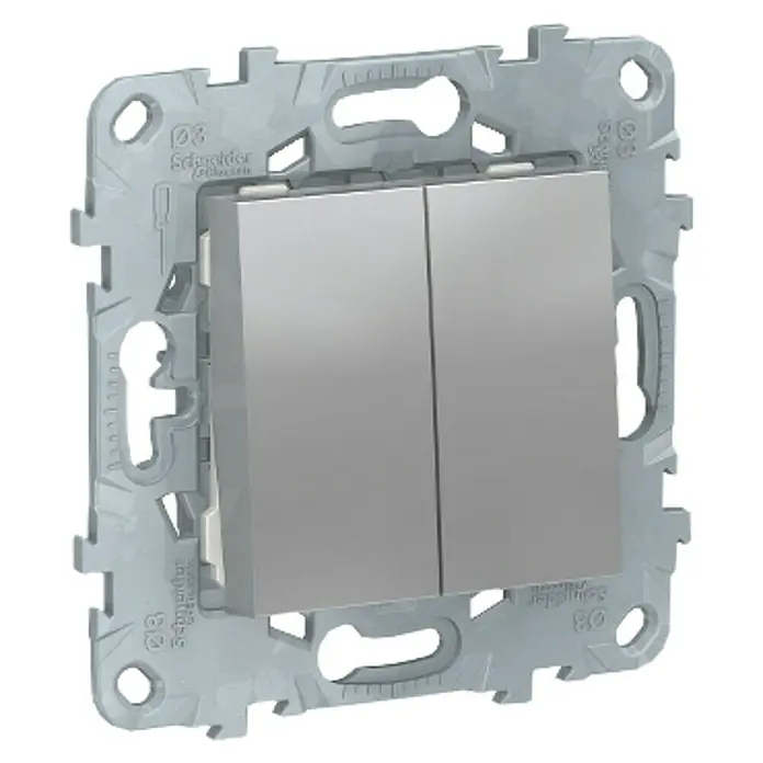 Schneider Electric New Unica Conmutador doble - Aluminio, Instalar, Plástico - Primer plano de un interruptor doble Schneider Electric con marco, ideal para interiores modernos y fácil operación.