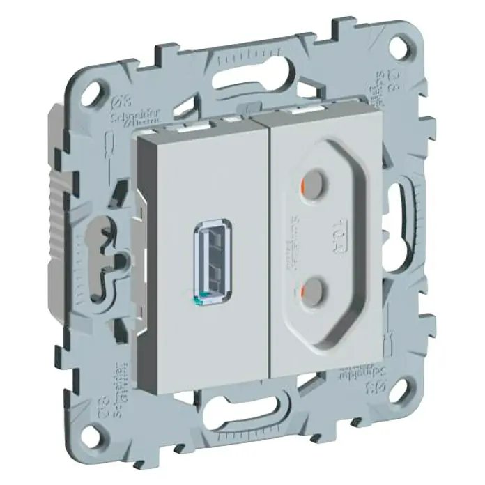 Schneider Electric New Unica Enchufe con USB - Aluminio, Plástico - Módulo doble de Schneider Electric con puerto USB y enchufe, ideal para dispositivos y aplicaciones modernas.