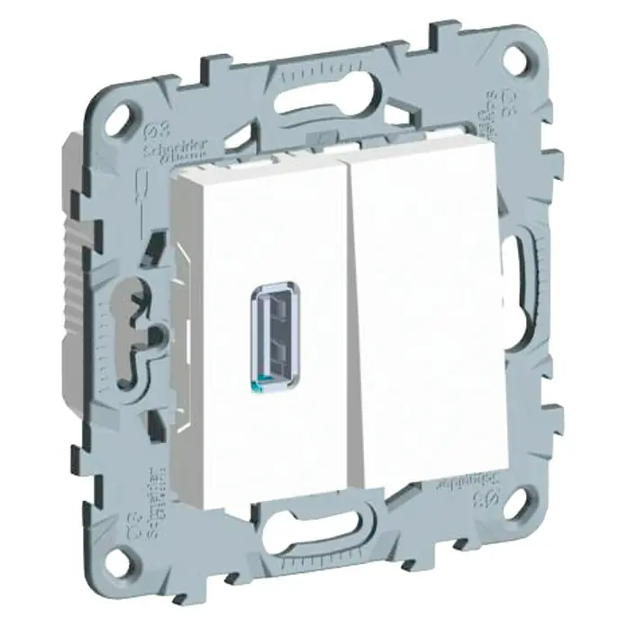 Schneider Electric New Unica Toma USB con conmutador - Blanco polar, x 1, Plástico, Instalar - Imagen del enchufe USB e interruptor moderno de Schneider Electric, ideal para instalaciones eléctricas contemporáneas.