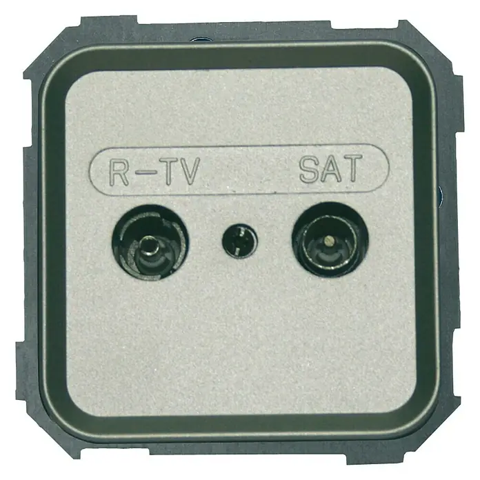 Simon 31 Pieza insertada para caja de antena - Plástico, Aluminio - Una toma de pared rectangular de antena R-TV y SAT con dos conectores y las palabras "R-TV" y "SAT" en un marco oscuro.