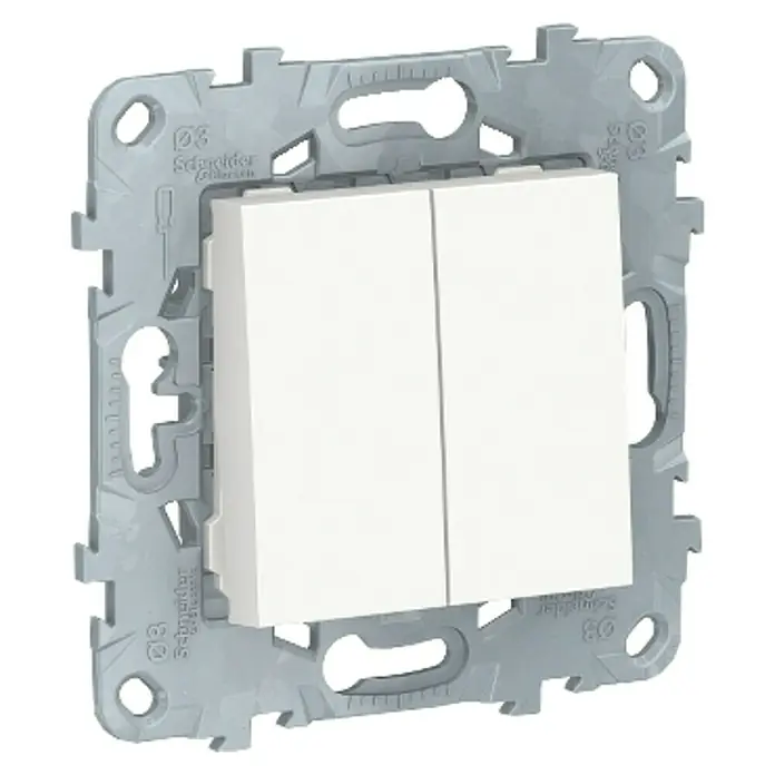 Schneider Electric New Unica Conmutador doble - Blanco polar, Instalar, Plástico - Primer plano de un interruptor de pared doble de Schneider Electric con marco gris y dos interruptores blancos.