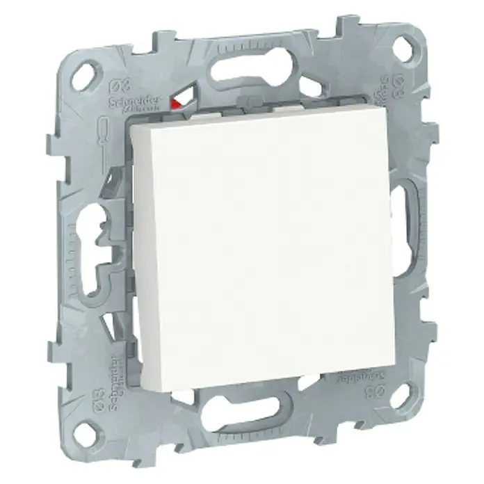 Schneider Electric New Unica Cruzamiento - Blanco polar, Instalar, Plástico - Primer plano de un interruptor de luz blanco Schneider Electric con placa de montaje gris, ideal para interiores modernos.