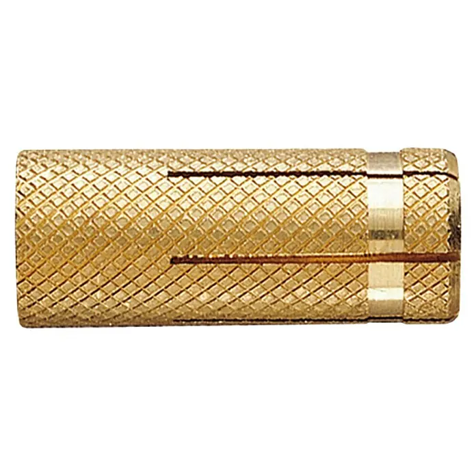 Index Taco de latón BZTALAM10 - Ø x L: 12 x 33 mm, M10 rosca interior, Latón - Un anclaje dorado con una textura en forma de diamante y dos ranuras, ideal para fijaciones seguras.