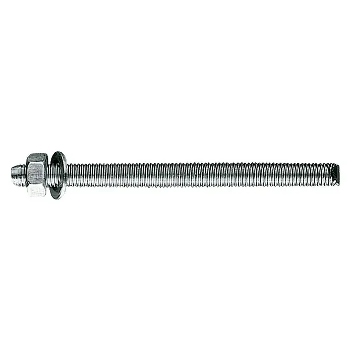 Index Anclaje de alto rendimiento LSMOES08110 - Ø x L: 6 x 110 mm, Zincado - Un primer plano de una varilla roscada con una tuerca y una arandela, destacando los detalles de los elementos de fijación.