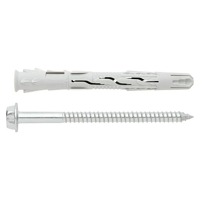 Index Taco con tornillo VTNUXE08080 - Ø x L: 8 x 80 mm, 8 ud., Gris claro - Taco de plástico y tornillo para fijación en mampostería. El tornillo tiene una cabeza hexagonal y una rosca métrica.