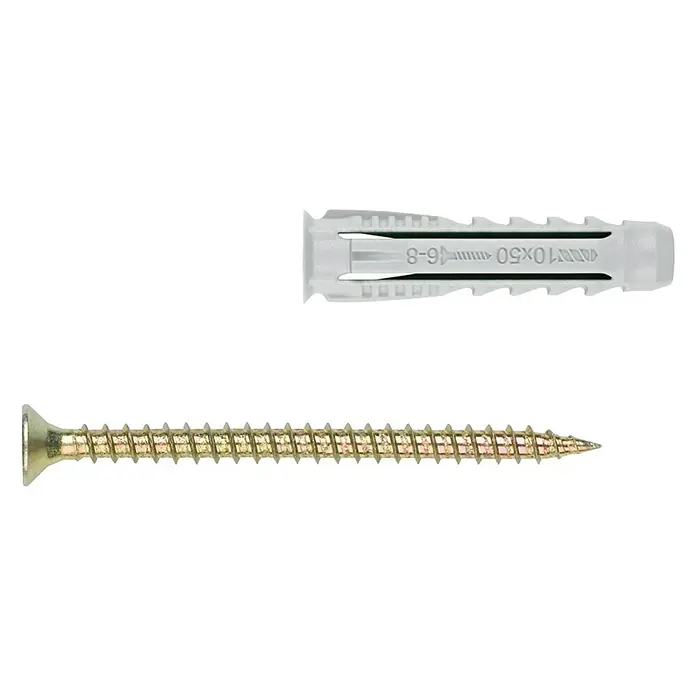 Index Tornillo para madera BZTPPOTS08 - 6 ud. - Imagen de un taco Fischer UX 10x50 y un tornillo a juego, ideal para fijaciones seguras en diversos materiales de construcción.