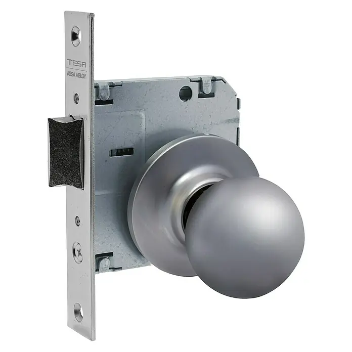 Tesa Assa Abloy Pomo giratorio Bola 392050CM - Cromado - Una cerradura de puerta plateada con un pomo redondo, ideal para puertas interiores para seguridad.