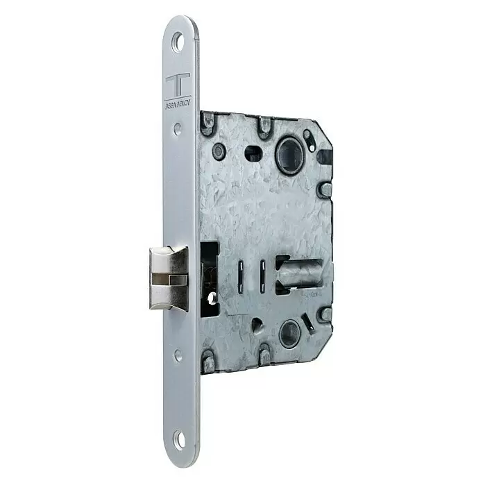 Tesa Assa Abloy Cerradura empotrable para puerta 134U - Distancia entre orificios: 70 mm, Latón - Cerradura de embutir metálica gris plateado con placa frontal, picaporte y cerrojo. Con marca ASSA ABLOY.