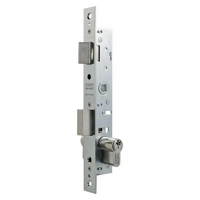 Tesa Assa Abloy Cerradura de embutir 220015HZV - Ancho: 13,5 mm - Una cerradura de embutir Tesa con cilindro y dos cerrojos. Esta cerradura metálica está diseñada para su instalación en puertas.