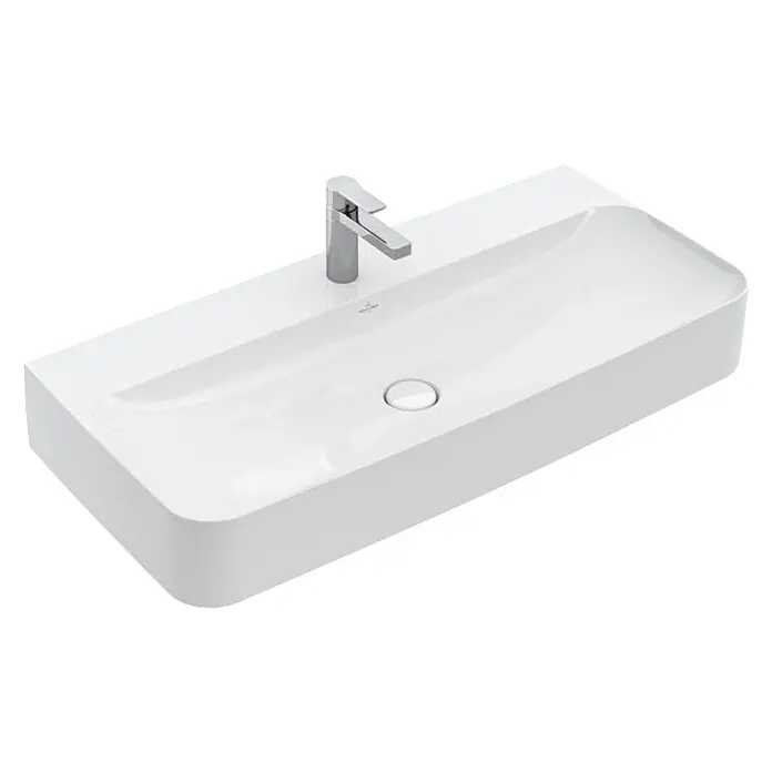 Villeroy & Boch Finion Waschtisch - 100 x 47 cm, Mit schmutzabweisender Glasur, Ohne Überlauf, Oberfläche Beckenunterseite: Ungeschliffen, Weiß - Elegantes, rechteckiges Waschbecken in Weiß mit minimalistischem Wasserhahn für ein modernes Badezimmerdesign.