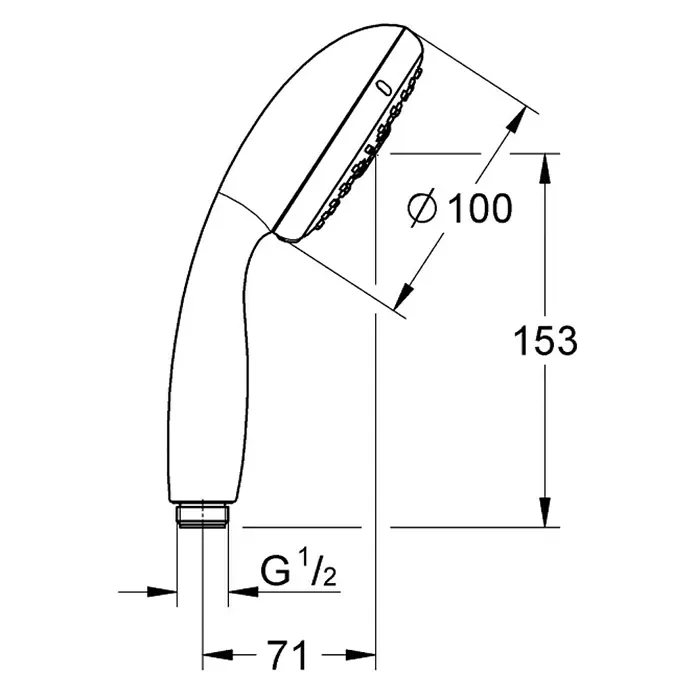 Grohe Tempesta 100 Handbrause - Anzahl Funktionen: 4 Stk., 9,5 l/min, Chrom - Technische Zeichnung eines Handbrausekopfs mit Maßangaben, einschließlich Durchmesser und Gewindegröße, für Sanitärinstallationen.