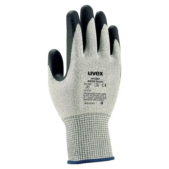 Uvex Arbeitshandschuhe Unidur 6659 Foam - Grau, 9 - Abgebildet ist ein Uvex Unidur 6659 Foam Arbeitshandschuh in Größe 9, hergestellt in Sri Lanka, mit schwarzer Beschichtung und Strickbund.