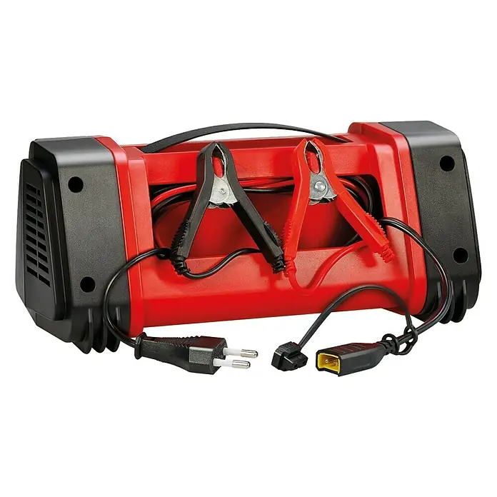 AEG Equipo cargador automático LT10 - Apto para: Baterías AGM/Gel/Plomo ácido 12/24 V, 230 V - Imagen de un cargador de batería rojo con detalles en negro, utilizado para recargar baterías de coche eficientemente.