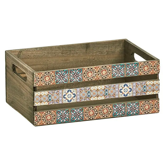 Zeller Present Aufbewahrungsbox Mosaik - L x B x H: 320 x 220 x 130 mm, Holz, Braun - Dekorative Holzkiste mit farbenfrohen Fliesenmustern. Ideal für die Aufbewahrung und als stilvolles Deko-Element mit rustikalem Charme.