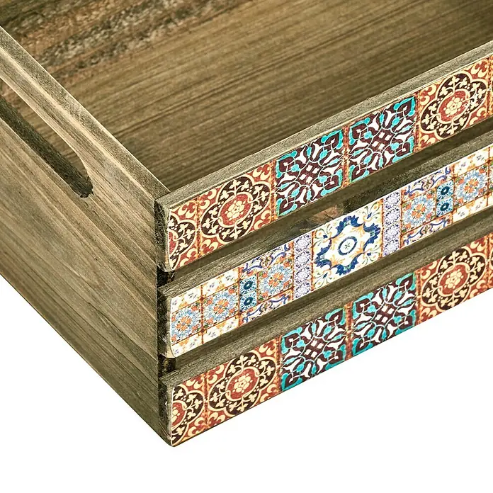 Zeller Present Aufbewahrungsbox Mosaik - L x B x H: 320 x 220 x 130 mm, Holz, Braun - Ein dekorativer Holzkasten mit bunten Fliesenmustern, ideal zur Aufbewahrung und als Blickfang in jedem Raum.