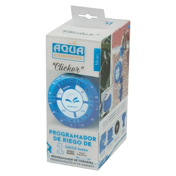 Altadex Programador de riego Clicker - Tiempo de riego: 2 min - 60 min - Primer plano del embalaje de "Aqua Control Clicker", un dispositivo de riego programable con un botón giratorio.